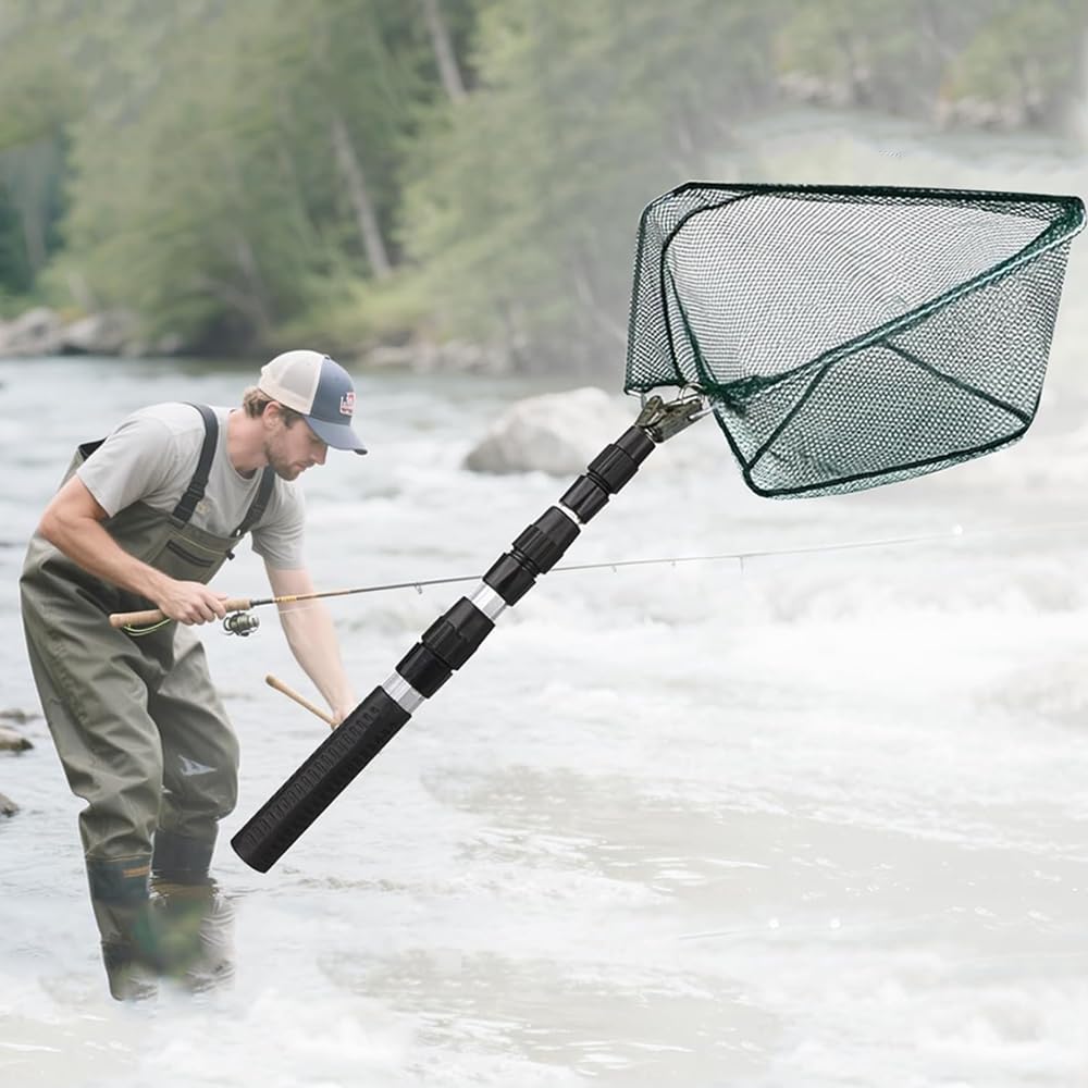Épuisette de pêche Pliable de 130 cm - Cadre Triangulaire Stable - Épuisette de pêcher caoutchoutée pour étang, ruisseaux, Lacs et pêches en Bateau - Accessoire de pêche d'extérieur pour Adultes et