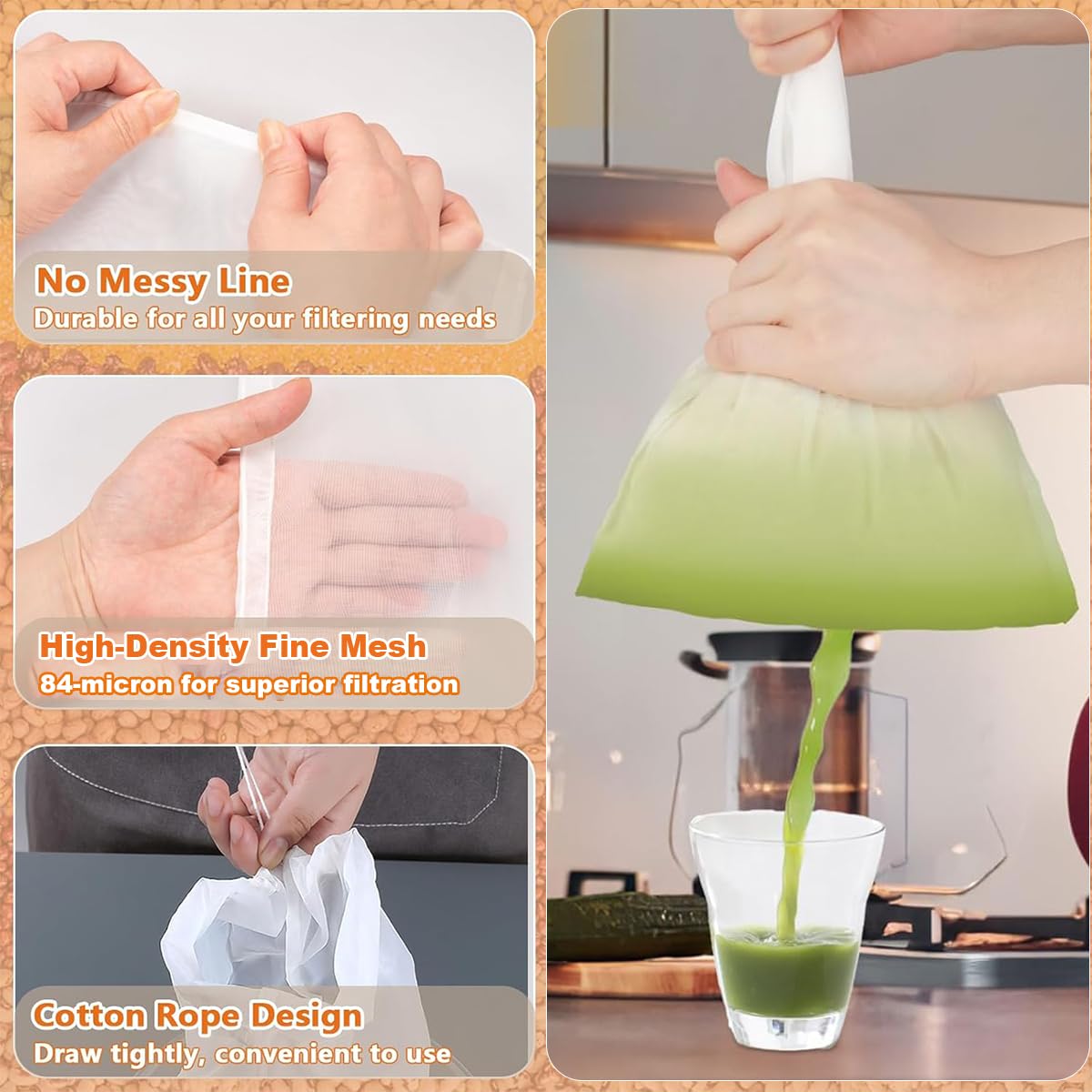 Nussmilchbeutel Set – 4 Filterbeutel + 2 Ringe Für Nussmilch, Säfte, Kaffee & Tee, Feine Filtration, Wiederverwendbar