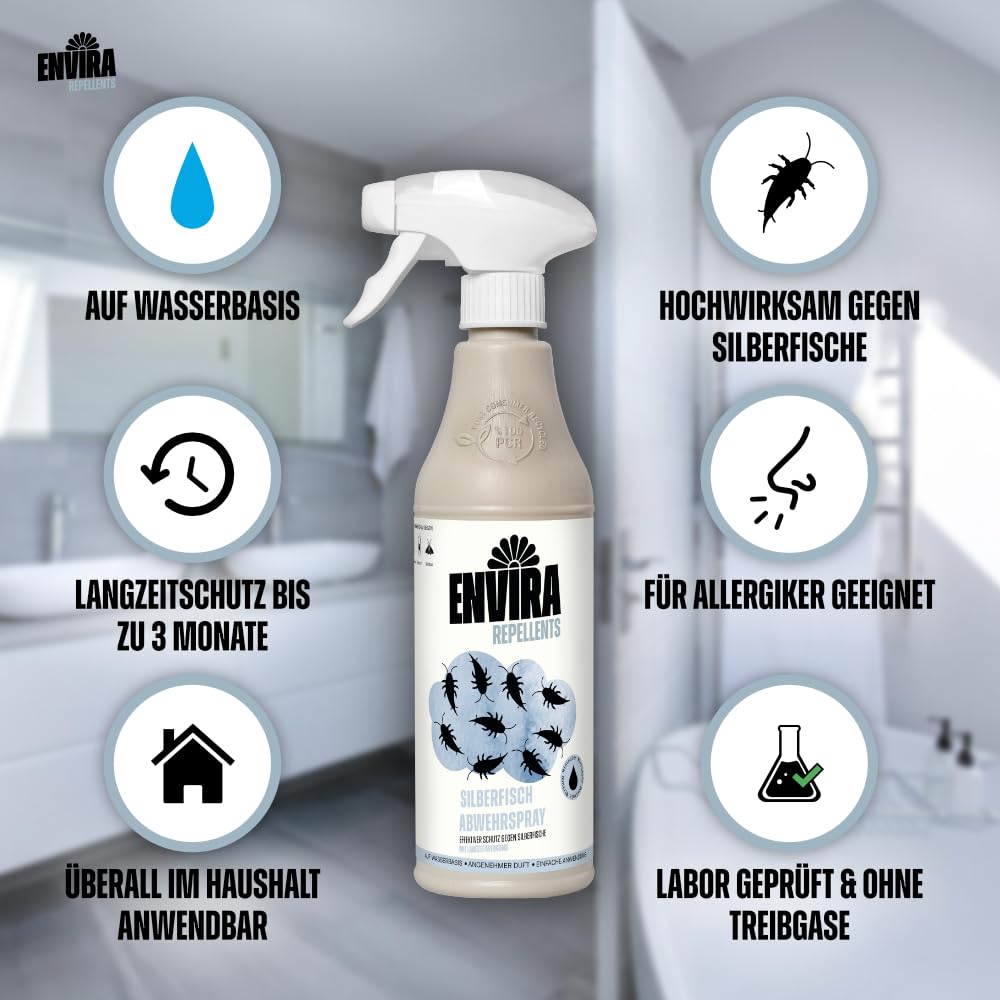 Envira Silberfischspray 2x 500 ml + 2x 2L gegen Silberfische & Papierfische | Silberfisch Spray & Mittel gegen Papierfischchen - hochwirksam für Haus, Wohnung, Küche und Bad, geruchsarm