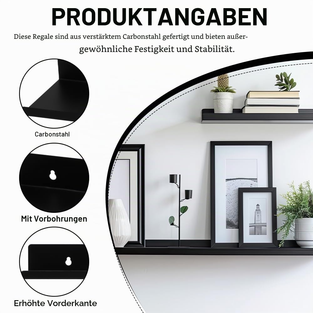 4 Stück Wandregal Schwarz Metall, Schweberegal, 40 x 10 x 4 cm | mit Schrauben und Haken, Küchenregal Wand Schwarz, Metallregal Schwebende, für Wohnzimmer, Küche, Bad, Schlafzimmer, Büro