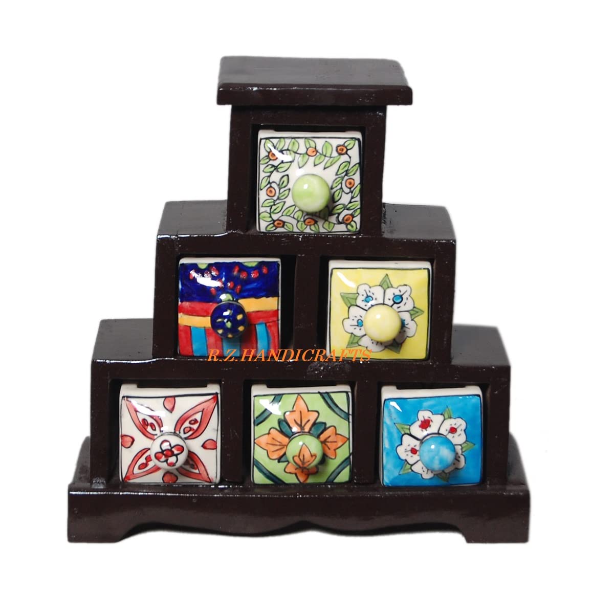 R.Z.HANDICRAFTS Wooden Drawer Chest With Ceramic Drawers 6 Black Color Containers Used For Home Office Jewelry Spices Multipurpose Box-image-18