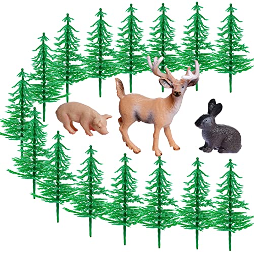 Miayon 18 PCS Christmas Tree Cake Toppers Woodland Animals Figures Trees Kit Forest Animals Deer Pig Rabbit Figures Christmas Birthday Theme Party Cake Decorations Supplies