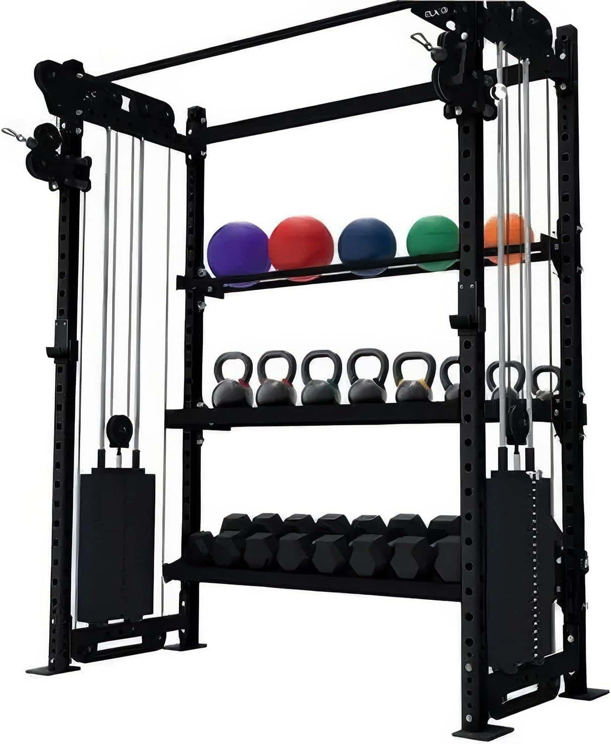 French Fitness Rig & Rack Functional Trainer w/3 Tier Storage 49" – Space-Saving All-in-One Home Gym with Cable System, Integrated Storage, and Durable 11-Gauge