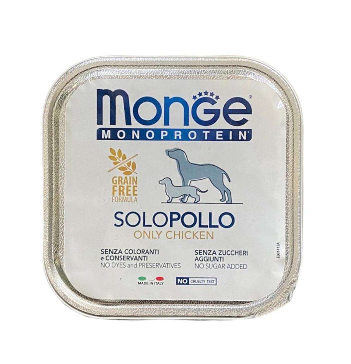 Monge Monoprotein Cibo umido per Cane solo Pollo, naturalmente senza coloranti, conservanti e zuccheri aggiunti. Confezione da 24 vaschette (1 = 150gr.)
