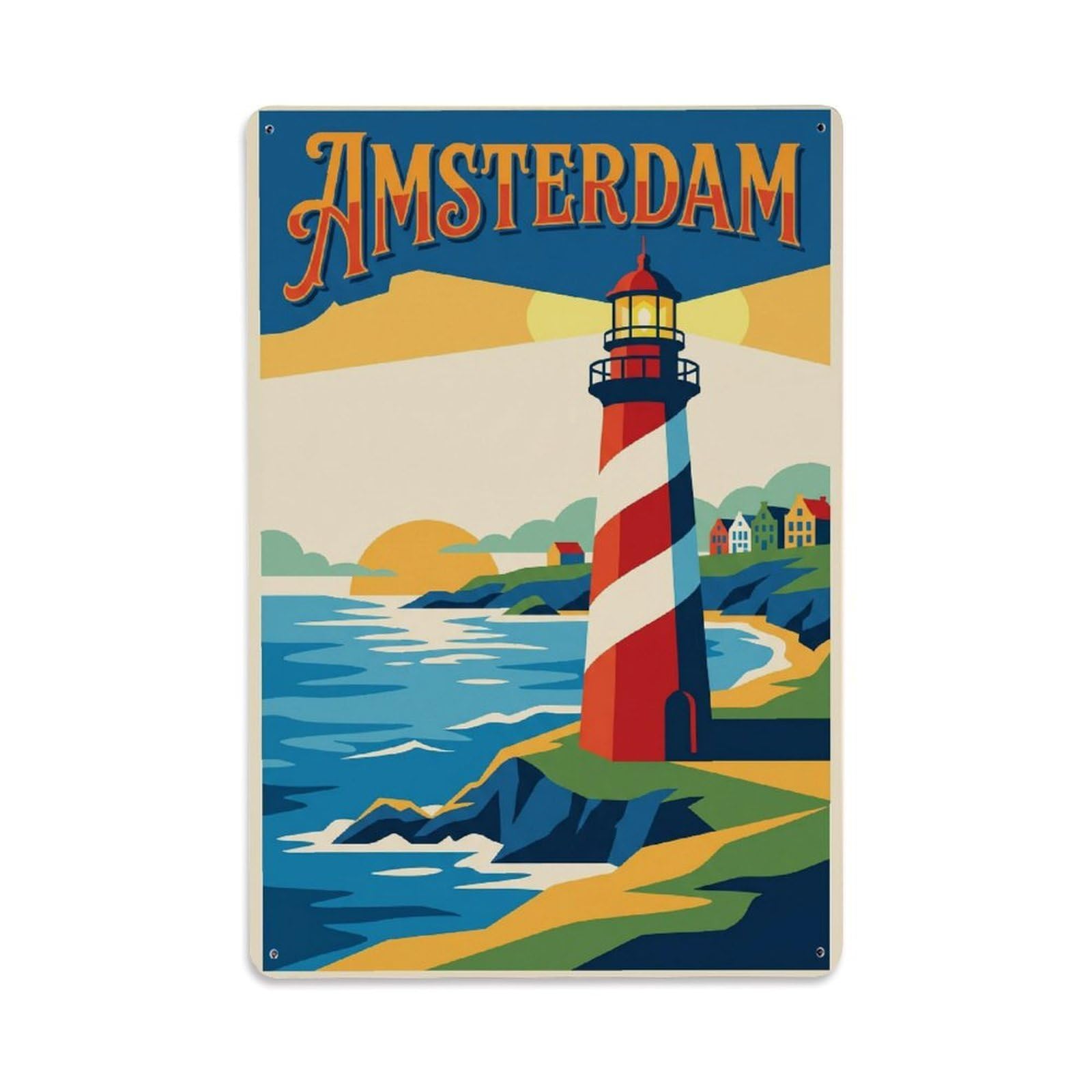 Okngb Style Amsterdam Coastal Lighthouse Waterway Classic Tourism Metal Tin Sign Plaque Wall Decor For Cafe, Man Cave, Club Bar, Office, Home Garden Round Metal Poster 8X12inch
