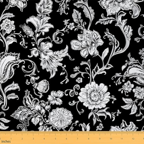 Stunning Paisley Floral Upholstery Fabric for Chic Outdoor Living, Versatile Bohemian Style for Home Décor and DIY Crafts, Premium Quality Black and White Design, Sold by the Yard