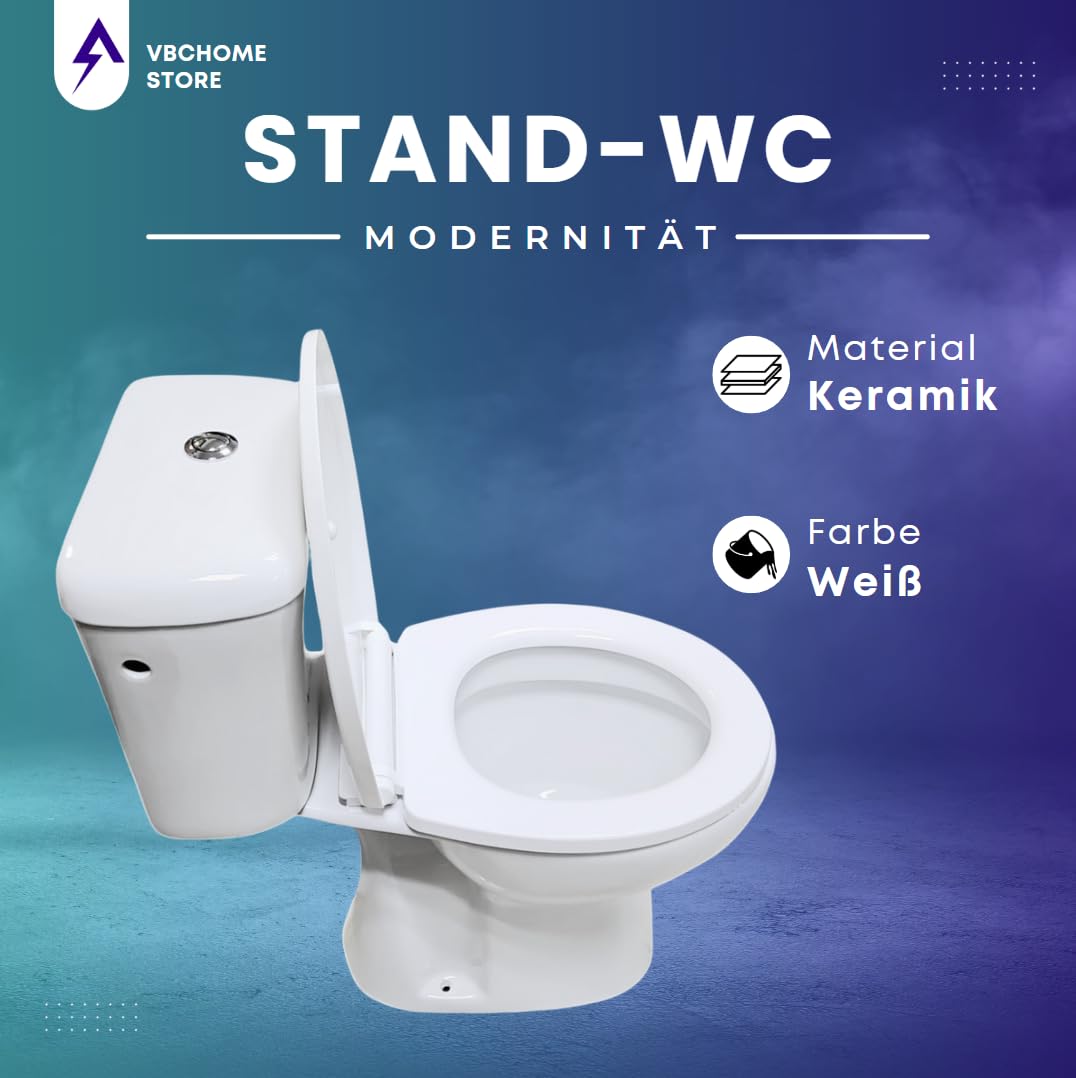 VBChome Set completo WC da terra in ceramica con sciacquone, sedile in polipropilene con abbassamento automatico funzione SoftClose, scarico verticale, igienico ed estetico