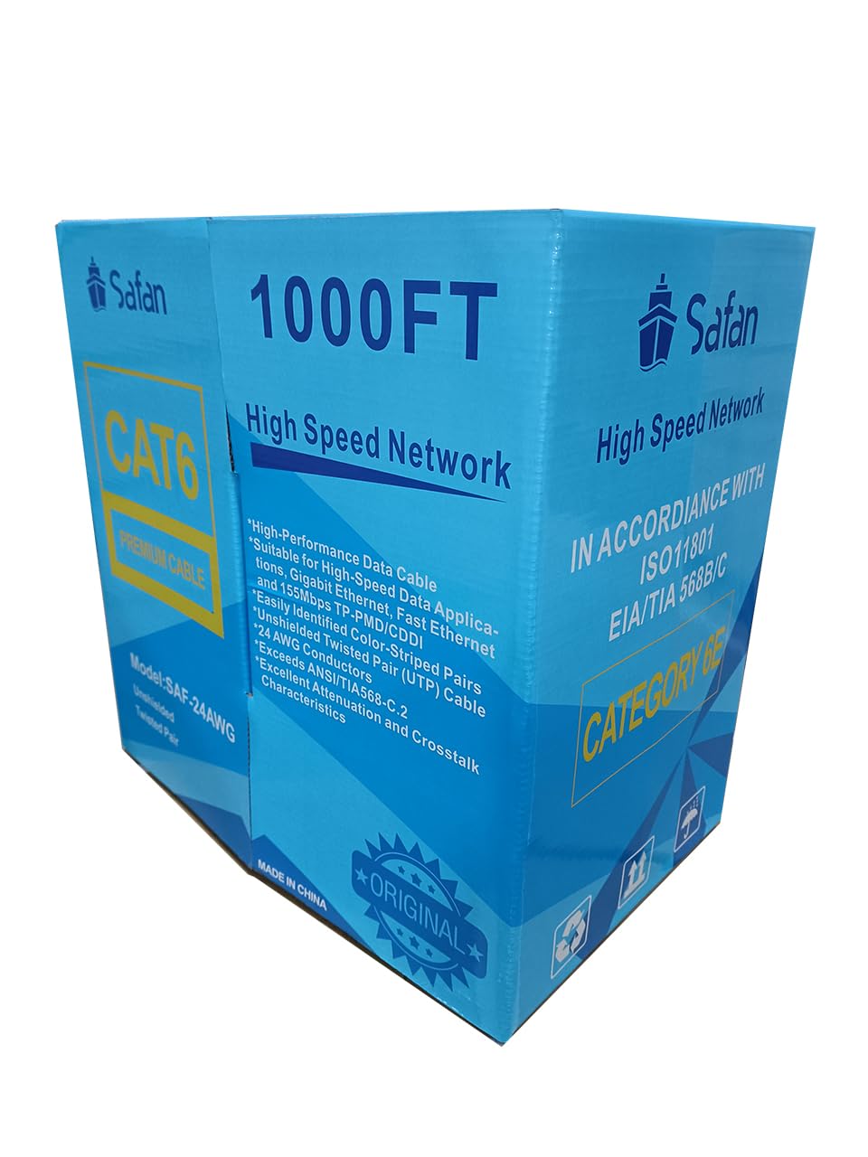 Newstar SAFAN UTP CAT6 Cable 305M 0.5±0.005mm copper clad aluminum Solid 4X2X0.5mm 0.225mm HDPE 0.95±0.02mm SAFAN CATEGORY 6 UTP LAN CABLE 4PR 24AWG TIA/EIA 568C1M.-305M. SAF-24AWG
