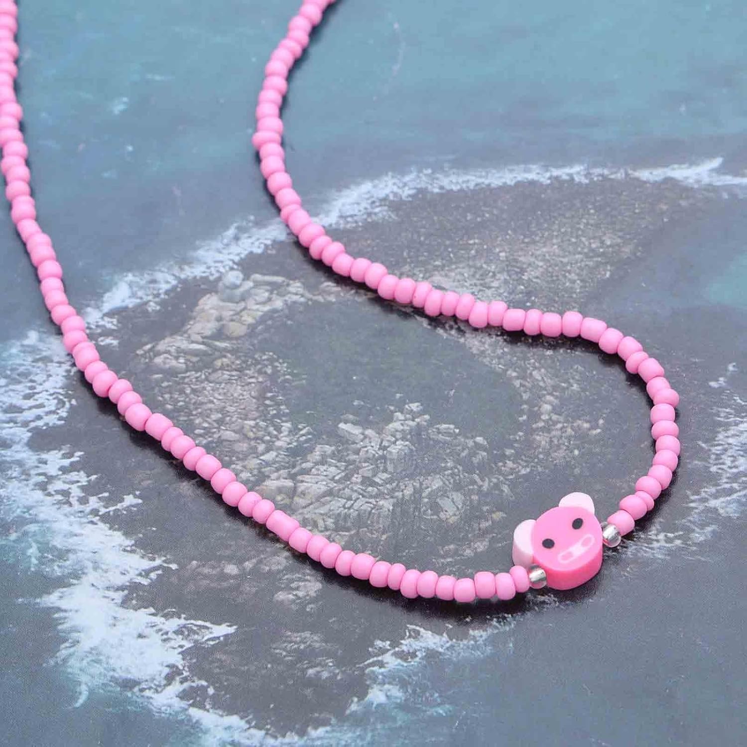 Bohemian Pig Choker Necklace Small Pink Pig Chain Necklace Pink Seed Bead Collar Necklace Minimalist Rice Bead Necklace Jewelry for Women - Image 5