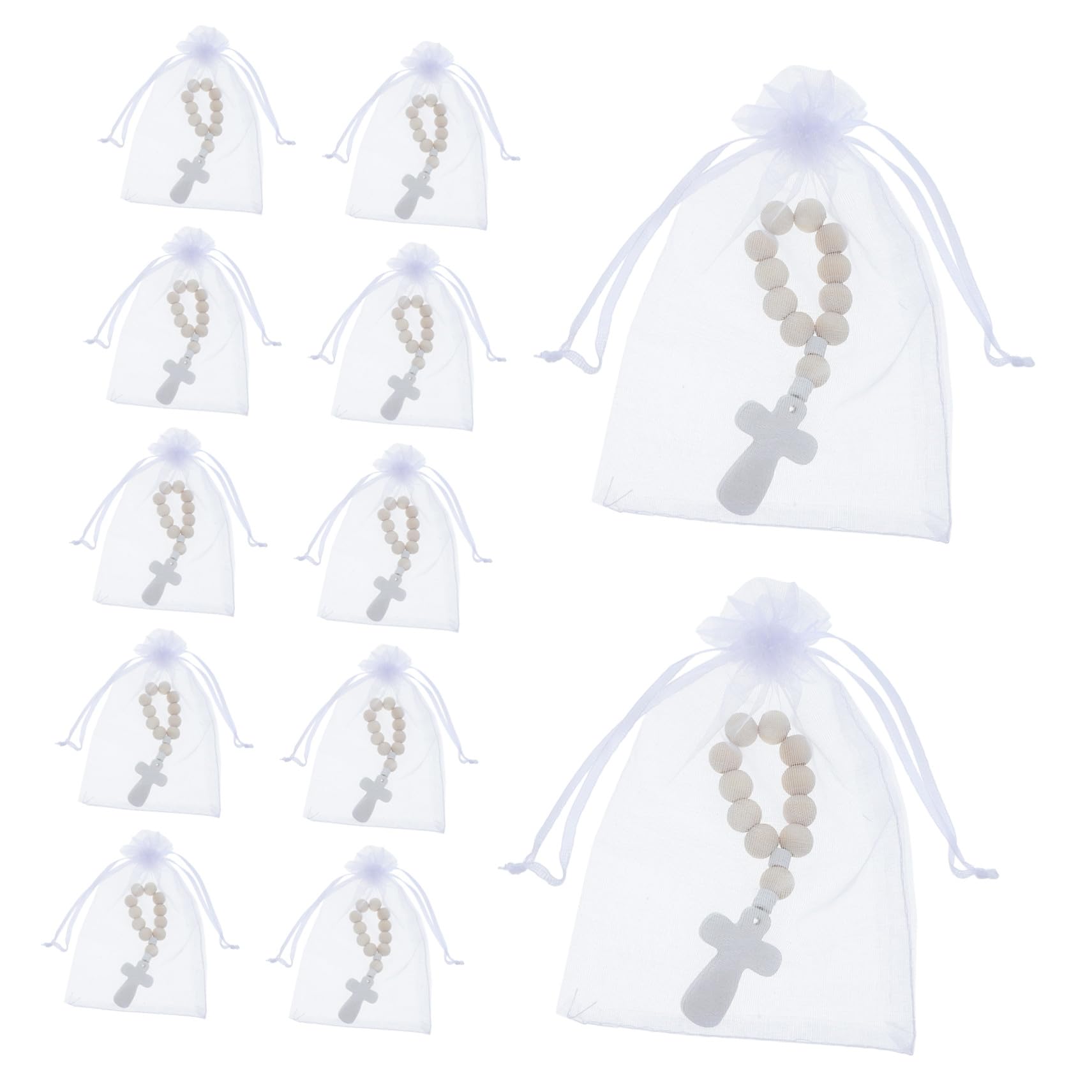 40 juegos Pulseras de Madera con Cortos y Dijes de Cruz Recuerdos Bautizo con Bolsitas de Malla para Niñas Regalos Invitados para Comunión y Bautismo