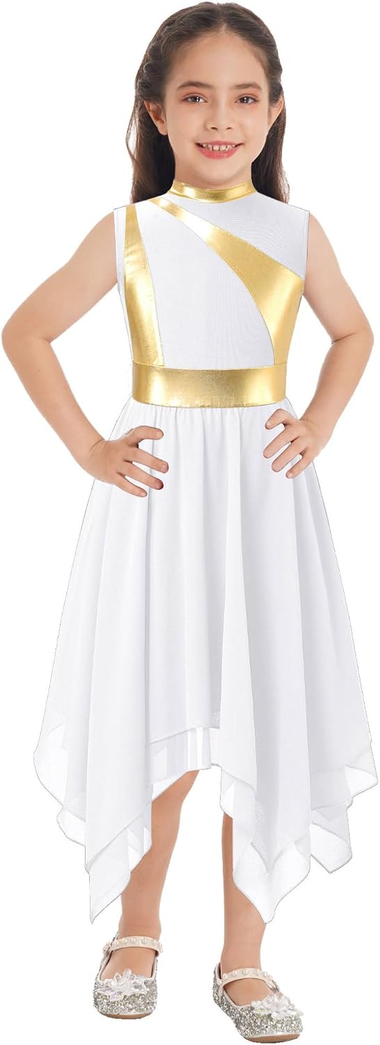 Hansber Kids Girls Worship Praise Lyrical Dance Robe Sleeveless Irregular Color Block Dress Metallic Church Dancewear