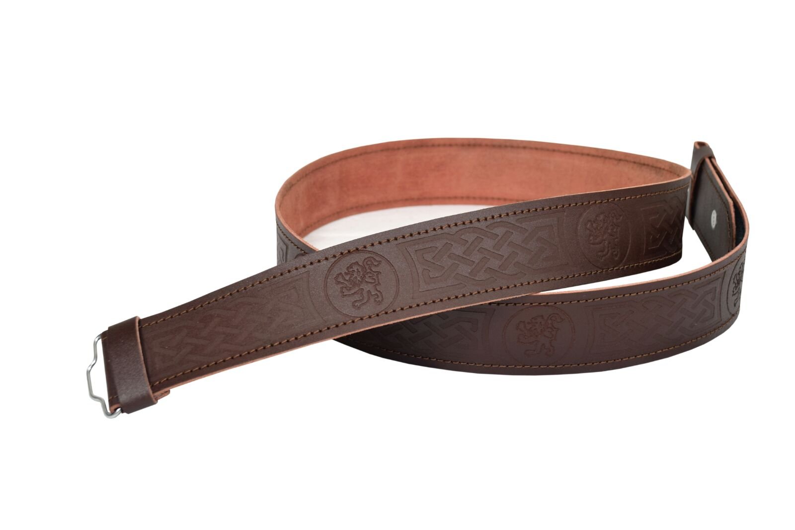 Brown Leather Kilt Belt Adjustable size for Kilts Highland Lion Rampant Embossed (3XL)