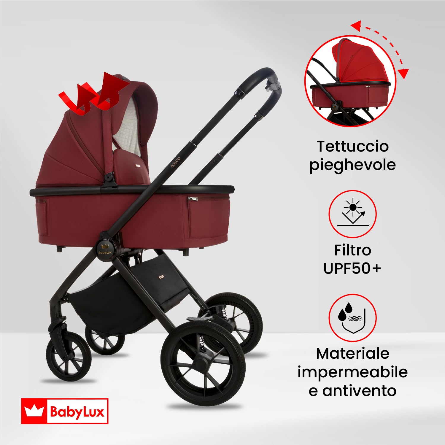 BabyLux® Passeggino 4in1 BOLDO, Set Pieghevole di Passeggino Leggero | Combinati con Navicella, Passeggino da Viaggio, Seggiolino Auto i-Size, Base Auto, 4 posizioni reclinabili, 0-22 kg, UV