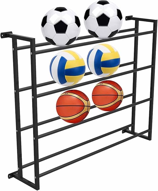 Amazon.co.jp ボール 整理 かご スタンド ラック ウォールマウント4フットボールおよびバレーボール用の棚ボールディスプレイ