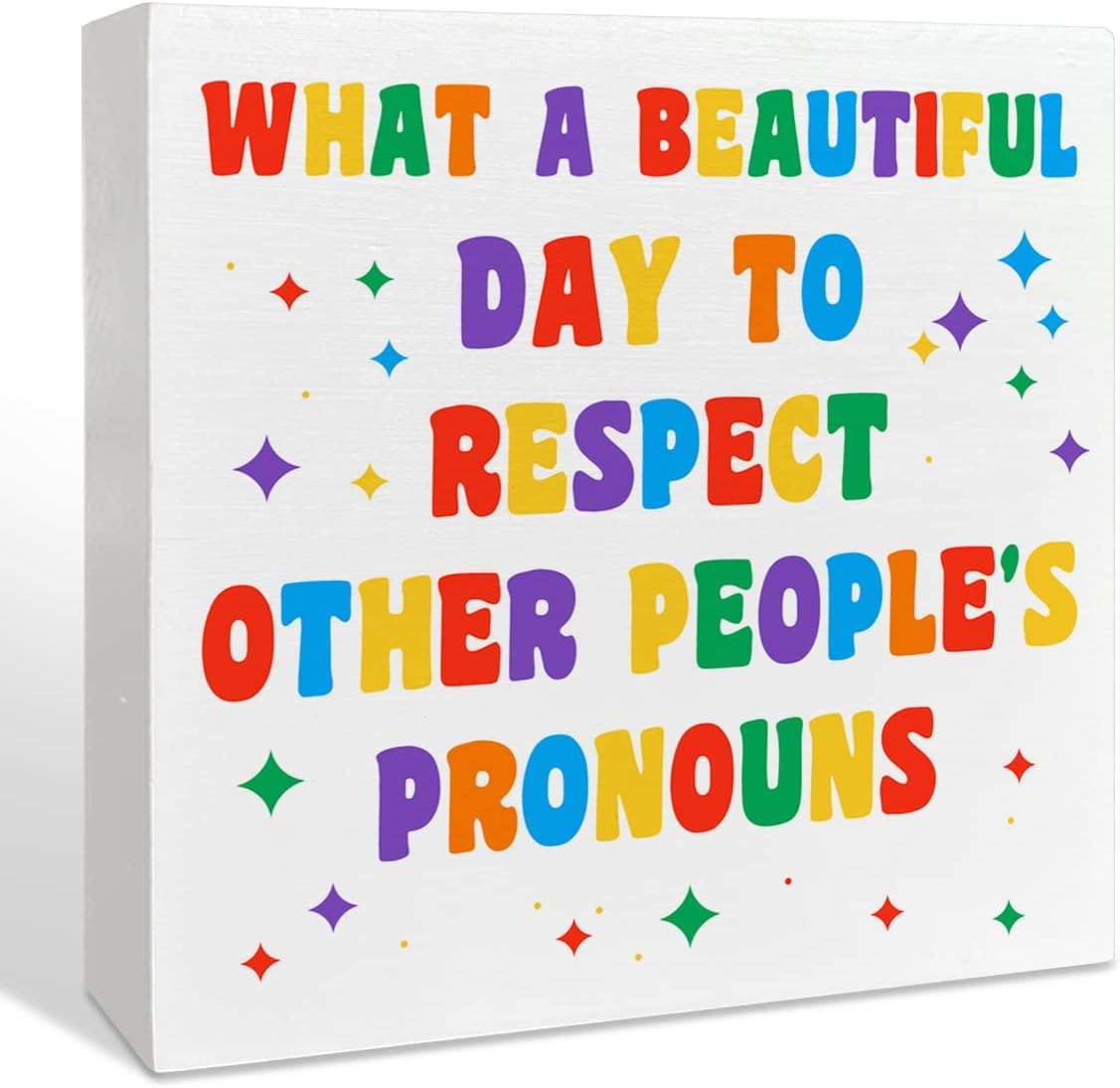 Pronouns Box Sign 7x7 Inch Rainbow Desk Decor Wooden Plaque