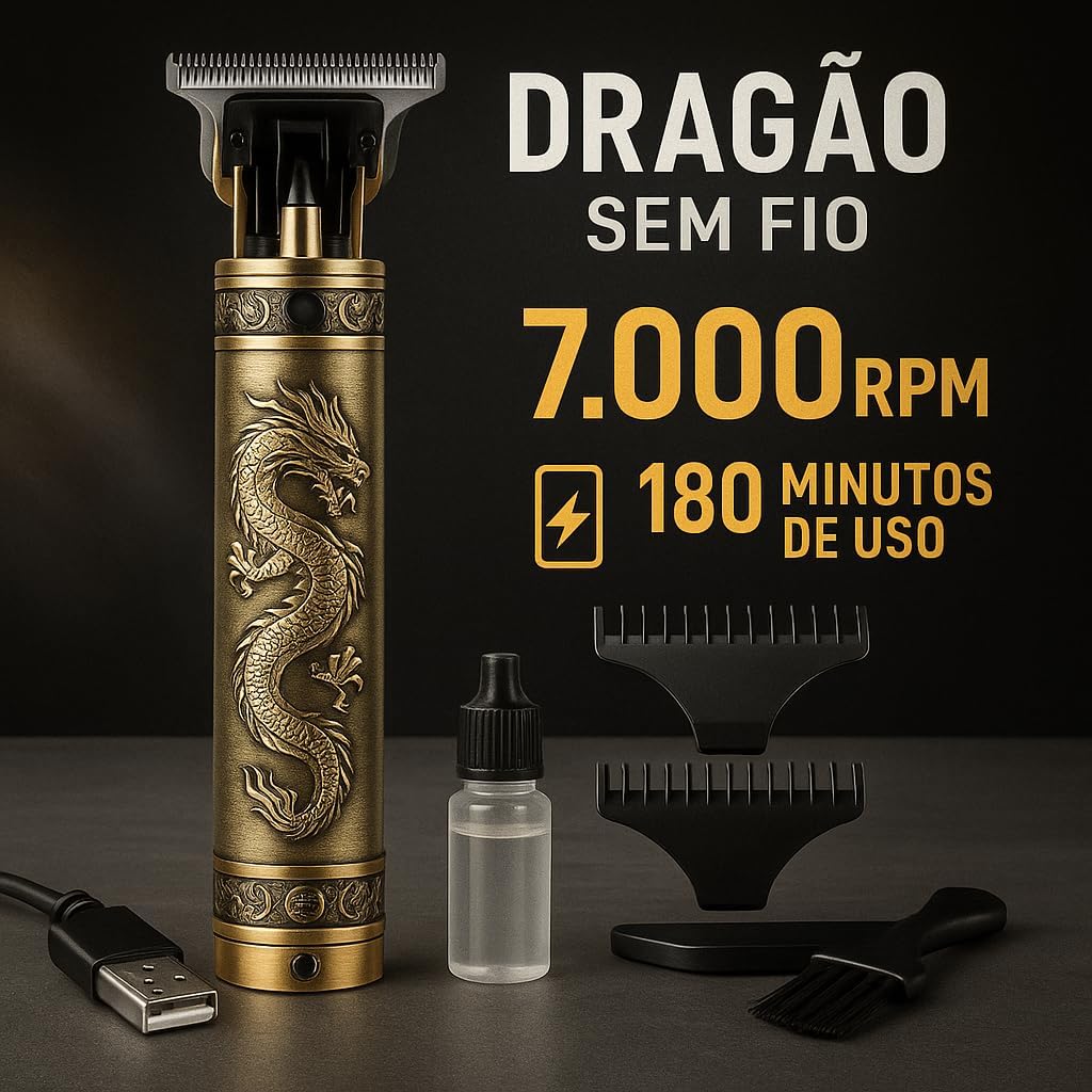 Máquina Acabamento Dragão Profissional Sem Fio Cabelo Barba Pezinho Recarregável USB 4 Pentes Kit Premium Aparador Motor 7000RPM Lâmina T Ajustável Design Vintage Barbeiro Depilador Completo