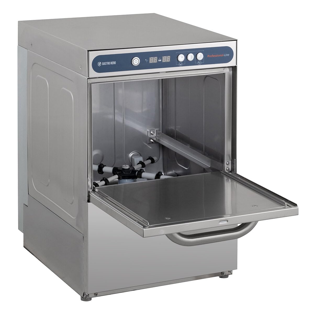 GastroHero Gläserspülmaschine, 40x40 cm, 230 V, Edelstahl PROFI-GLSM40SL | 30 Körbe/Stunde, mit Ablaufpumpe, Reiniger- & Klarspüldosierer, Made in Europe, 270 mm Einschubhöhe, 3 variable Spülprogramme