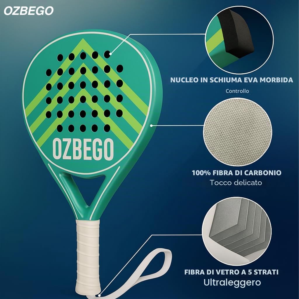 Set di racchette da padel in carbonio con custodia, 2 overgrips, cinturino da polso e pellicola protettiva – leggero e durevole – per principianti e esperti