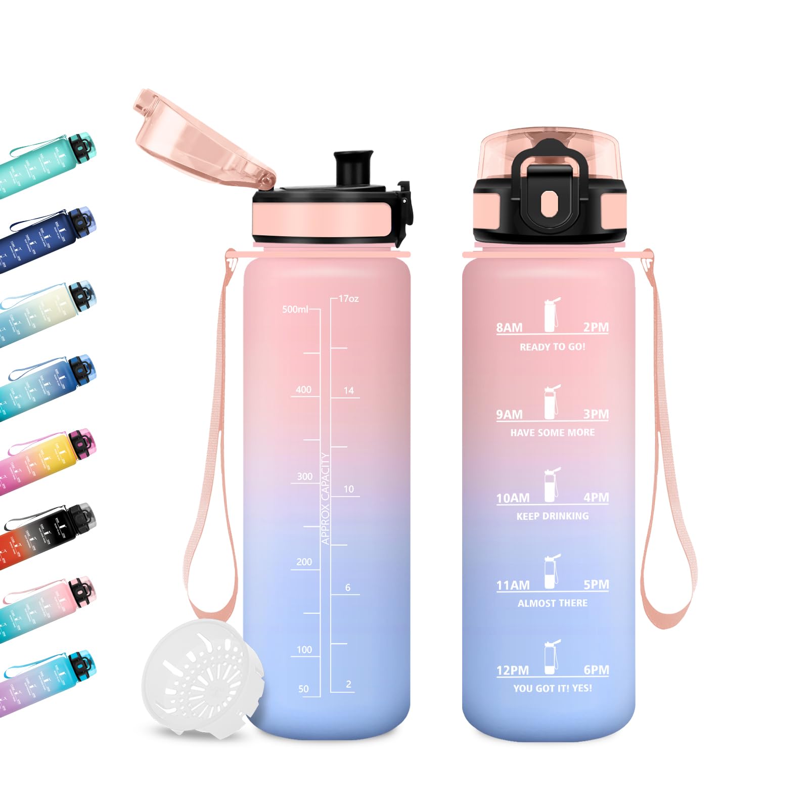 JAPORIA 500ml Water Bottle, Filter Bottle, Reusable Bottle, Sports Water Bottles with Time Markers for School, Office