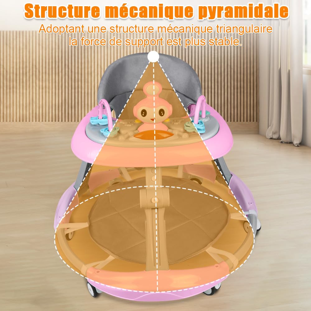 Girello regolabile in 5 posizioni con baldacchino e rotazione a 360°, carrello da passeggio pieghevole, giocattoli musicali divertenti con poggiapiedi (rosa)