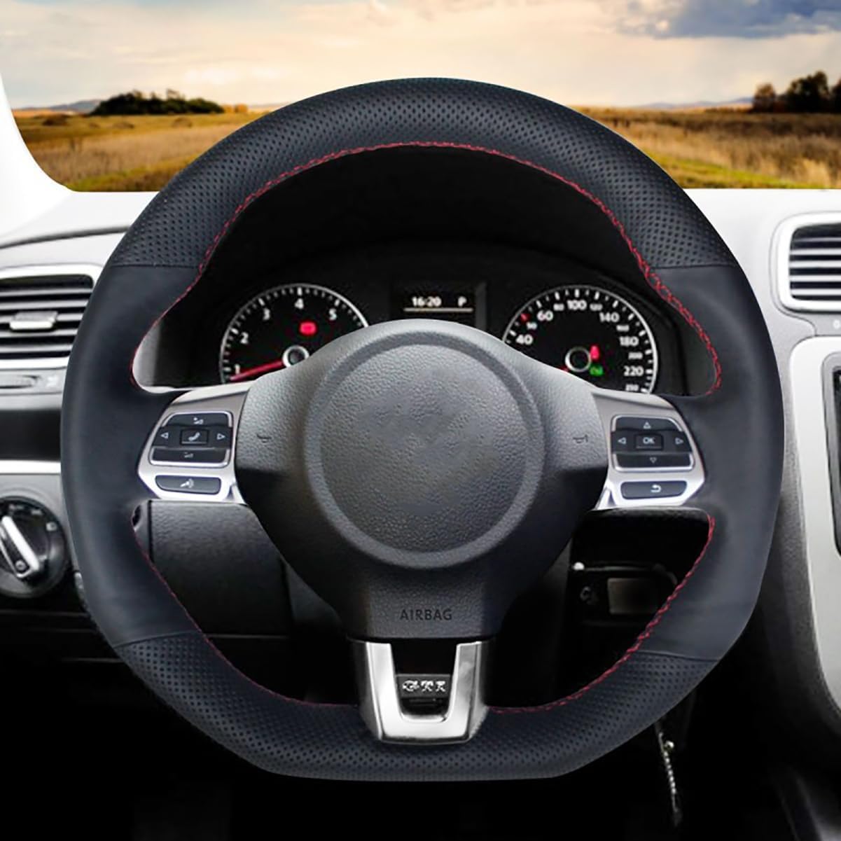 Loncky Custom Fit Stitched Black Genuine Leather Steering Wheel Cover for VW GTI 2010 2011 2012 2013 2014 / VW Jetta GLI 2012-2014 / VW Golf R 2012 2013 for VW Tiguan R-Line 2014-2016 Accessories