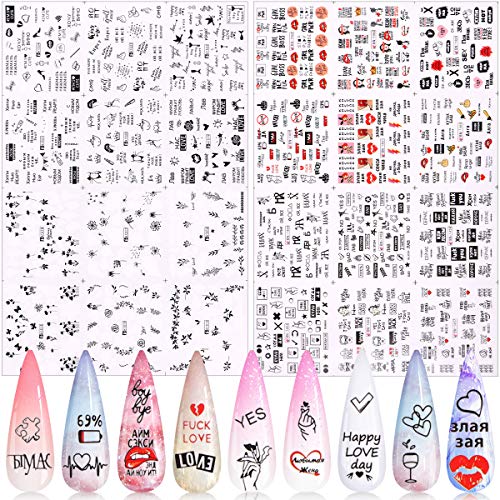 English Letter Love Nail Art Stickers, KISSBUTY 2 Pcs English Love Lips Nail Water Transfer Stickers Wraps Old English Nail Art Tattoos DIY Nail Decals, Style 1
