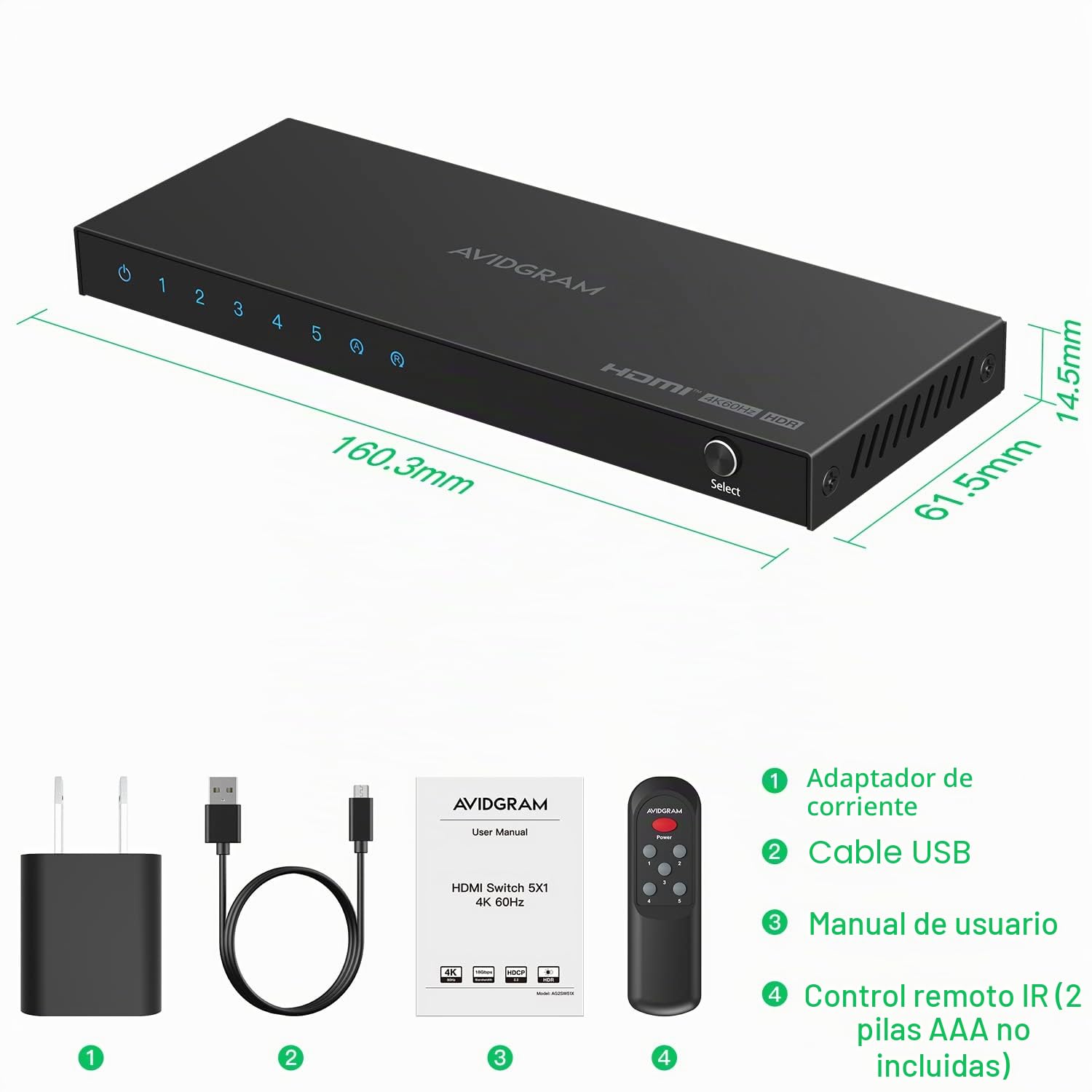 HDMI Switch 4K 60Hz, AVIDGRAM HDMI 2.0 Conmutador 5 in 1 out, 5 Entradas a 1 Salida Selector Box con IR-Fernbedienung Soporte HDCP 2.2 HDR10 3D 18Gbps para Xbox PS4 HDTV Monitor