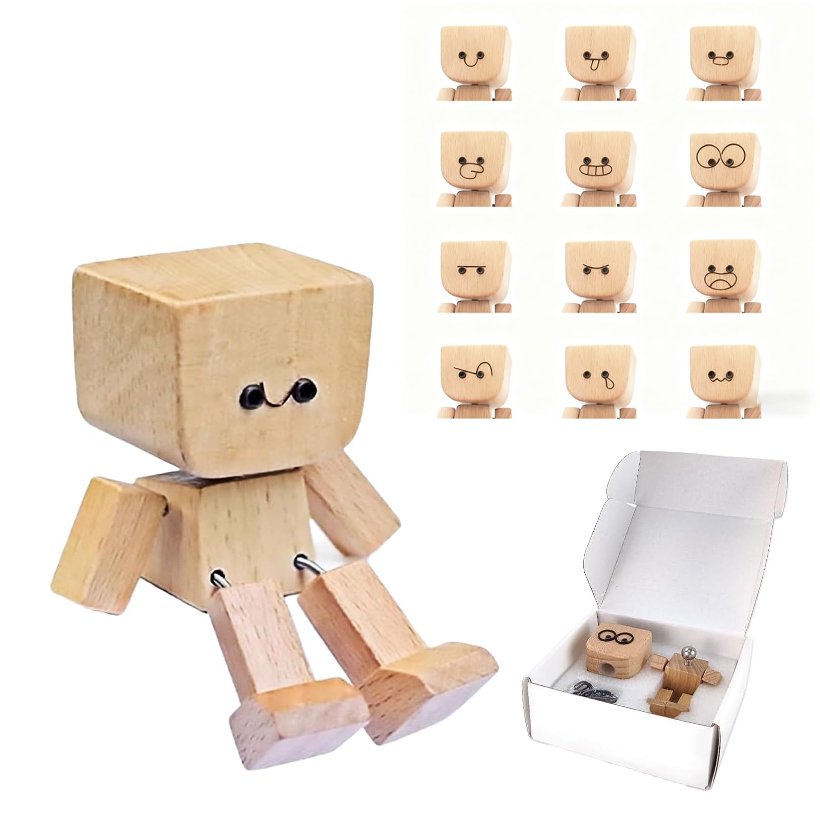 Shaking Wooden Man Figurine, Shaking Wooden Man, Little Wood Mans for Car, Wood Mans with Wobbly Legs, with 12Pcs Expressions, Car Dashboard Accessories & Desk for Drivers, Friends & Office Fun