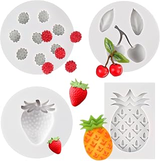 Growtail Fruit Molds Silicone Shapes,4 Pcs Strawberry Silicone Mold,3D Mini Pineapple/Cherry Jelly Fondant Mold for Cake Cupcake Topper, Soap, Chocolate,Soap Wax Candle Molds