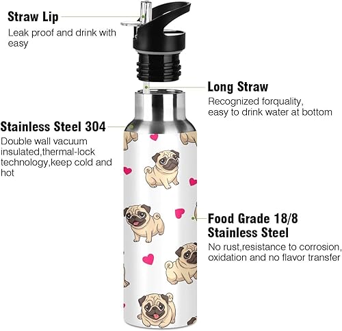 Miniatura 3 de Pugs Playful White Stainless Steel Water Bottle 20 Oz Leakproof Water Bottles, BPA-Free Sport Water Bottle