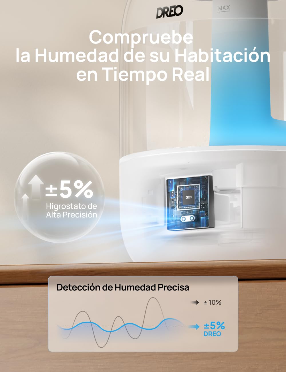 DREO 3L Humidificador Bebés Silencioso 26dB para Dormitorio, Niebla Fría Ultrasónica, Boquilla 360°, 30h Autonomía, Luz Ambiental, Difusor Aceites Esenciales, para Hogar, Blanco
