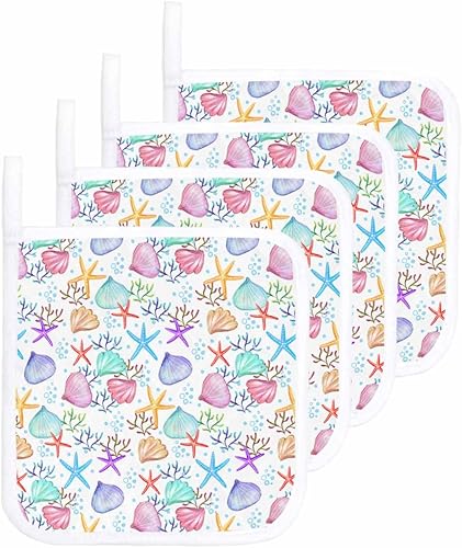 4 Packs Watercolor Starfish Shell Pot Holders Sets for Kitchen,Oven Pan Plate Bowl Pads Heat Proof Mat with Hanging Loop,Terry Cloth Potholders Soft