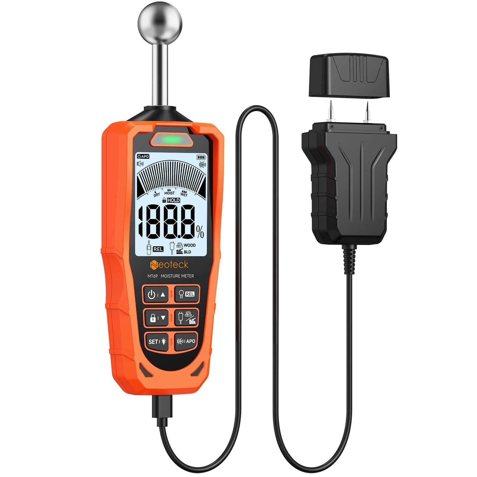 Neoteck Misuratore Umidità 2 in 1 con Sonda a Sfera&Sensore Pin Rilevamento Umidità con LCD a Colori, Allarme Acustico e Ricarica Type-C per Legno, Cemento, Mattoni, Intonaco-Rileva Pareti da 20-40mm