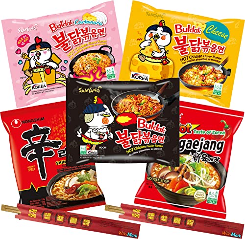 Lote 5 Ramen Coreano y 2 Palillos de Bambú WikiMark. Incluye Samyang Noodles Carbonara, Samyang Cheese, Samyang Hot Chicken, Samyang Hot Taste of Korea, Nongshim Shin Ramyun Noodle Soup Cover