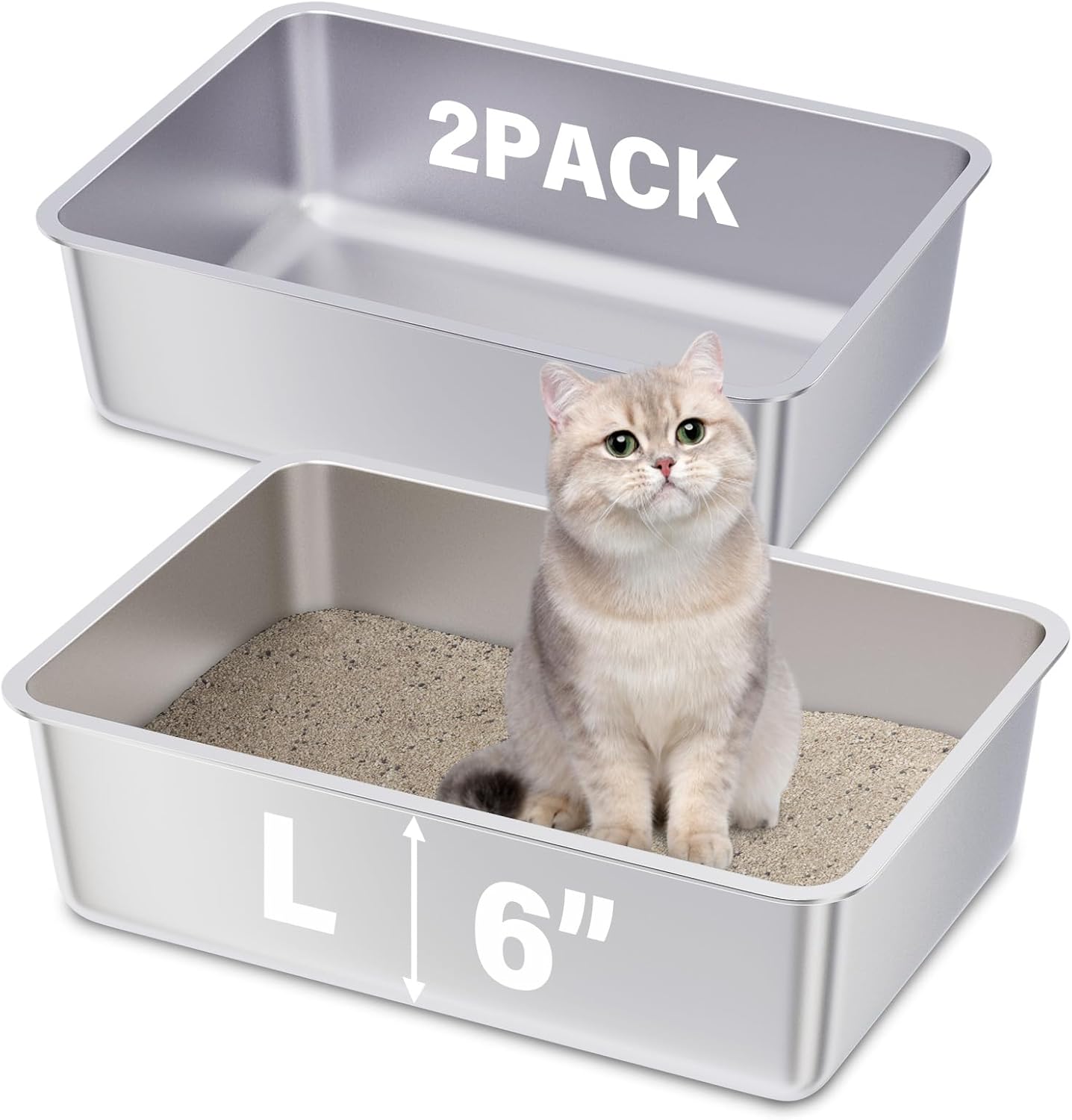 Stainless Steel Litter Box 2 Pack,19.7"x13.7"x6" Large Metal Litter Box for Kitty/Cat/Rabbits, Easy to Clean, Non Stick Litterbox No Smell for Adult Cats 2 pack-L (19.7"x13.7"x6")