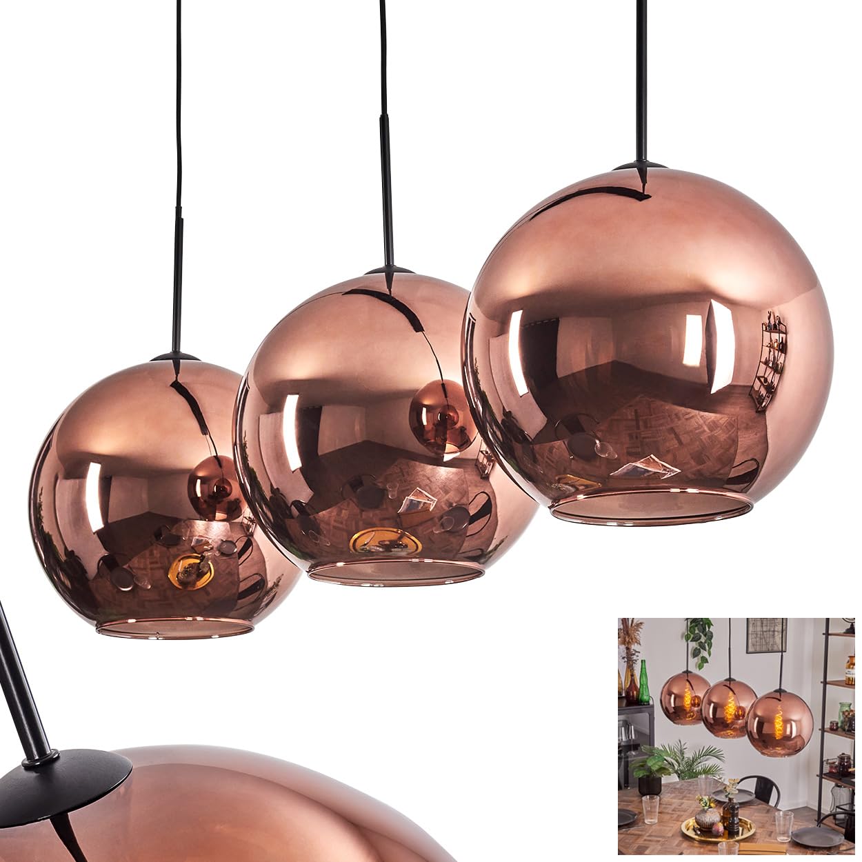 Koyoto Pendant Light, Hanging lamp Made of Metal/Glass in Black/Copper Colours, luminaire in Modern Retro/Vintage Design with Glass Shades (Ø 30 cm), Height max. 154 cm, 3 x E27, Without Bulbs