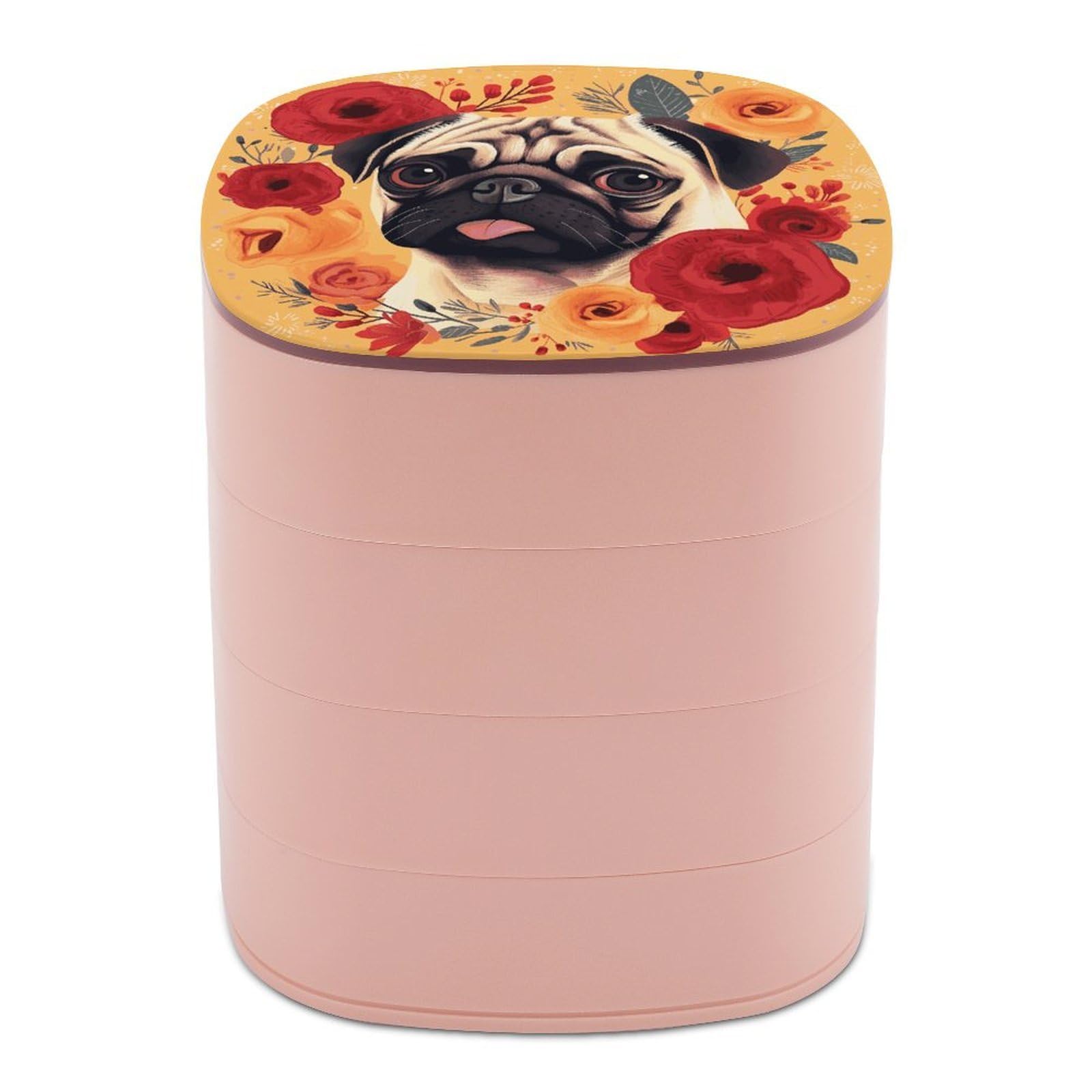 JTREHY Pug Flower Jewelry Box 4-Layer Covered Rotating Jewelry Storage Box Large Capacity Storage Boxes Portable Jewelry Case for Bracelets Earrings Necklace
