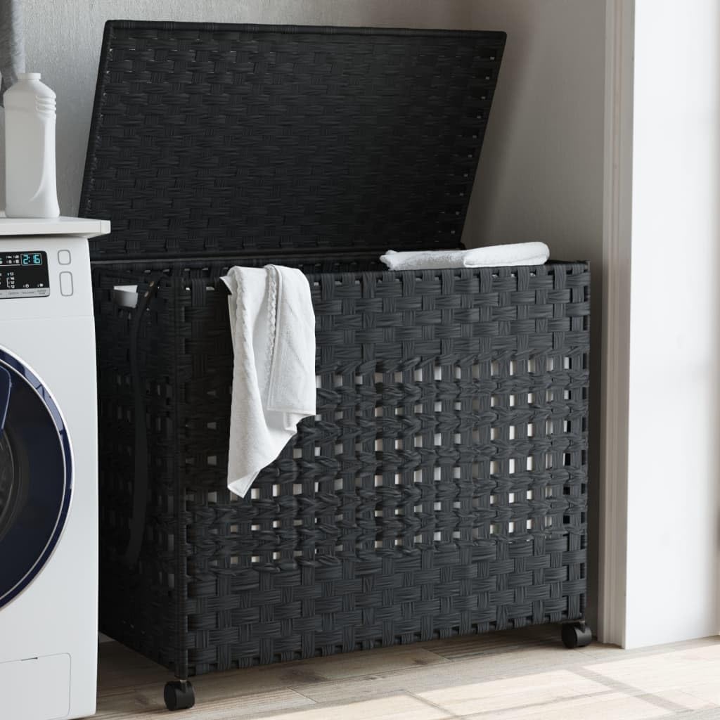 Wäschekorb mit Rollen Schwarz aus Rattan 66 x 35 x 60 cm, 3 Fächer, mit Deckel, klappbar, Wäschebox, Wäschesammler, Wäschetonne für Bad Schlafzimmer Waschküche, platzsparende Ordnung