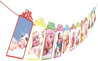 Hardatar 1st Birthday Bunting Garland Baby Photo Banner 1-12 Month Photo Prop Party Bunting Decor Thickened Kraft Card Paper/12th Month Photo Frame for Baby- Multi Colour