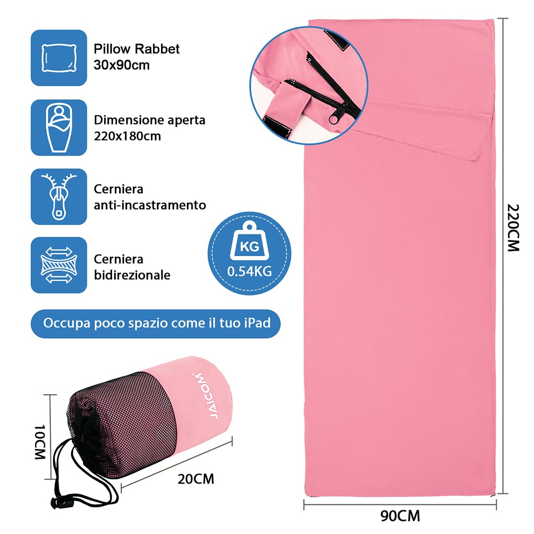 JAICOM Sacco Lenzuolo Sacco a Pelo, Sacco Lenzuolo da Viaggio Ultraleggero e Compatto, 220x90cm, Ideale per il campeggio, l'escursionismo, l'ostello e i viaggi di lavoro