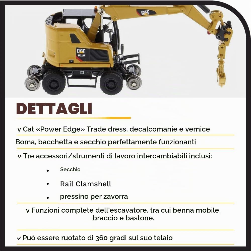 Caterpillar Diecast Masters 85656 - Escavatore Stradale M323F su rotaia, Scala 1:87, Circa 9,5 x 3,4 x 4,6 cm, a Partire da 14 Anni
