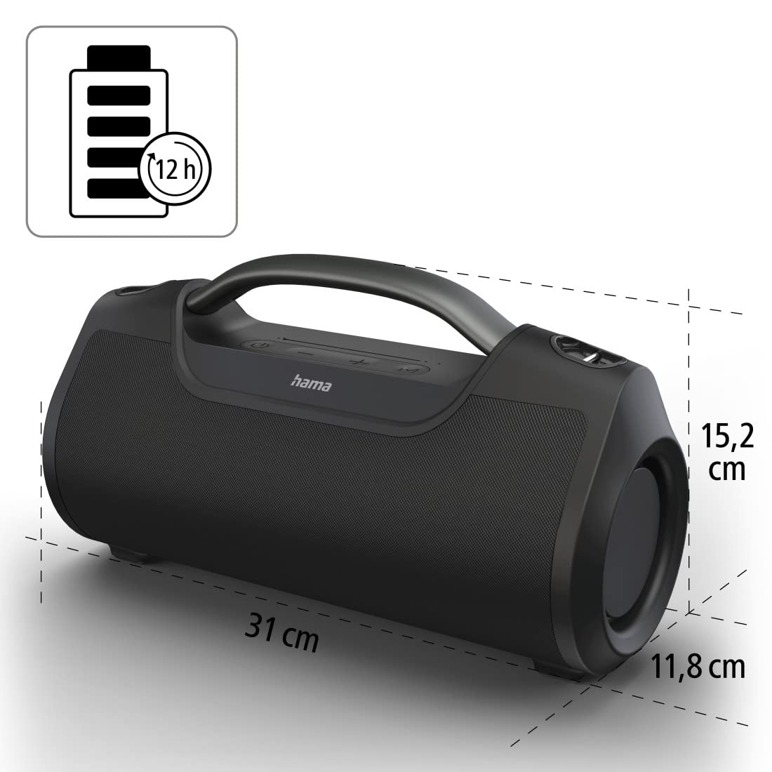 Hama Enceinte Bluetooth Portable sans Fil SoundBarrel, Rechargeable Autonomie 12h, Haut Parleur étanche IPX6, Résistance poussière Chocs, Puissance 60W, Power Bank Intégré USB-C, Sangle - Noir