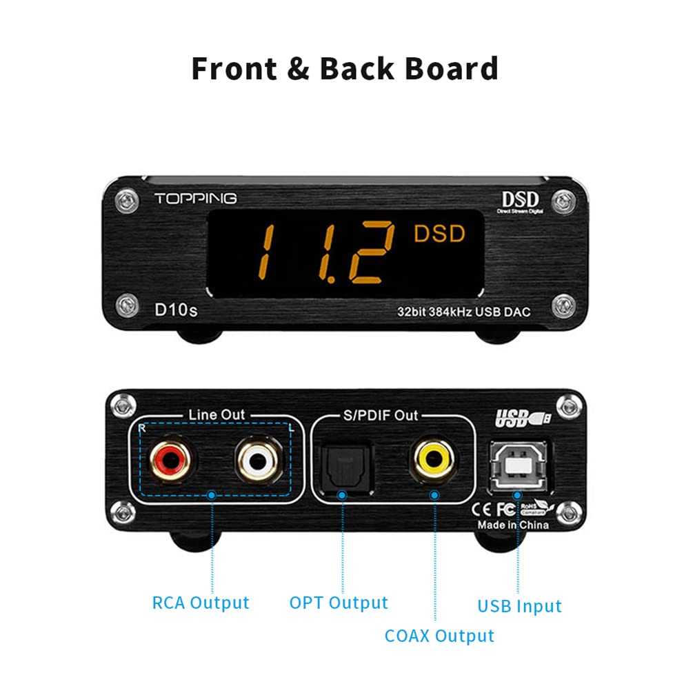TOPPING D10s HiFi DAC USB Decoder HiFi XMOS XU208 ES9038Q2M DAC Optisch Koaxial DSD256 384kHz Audio Decoder (Schwarz)