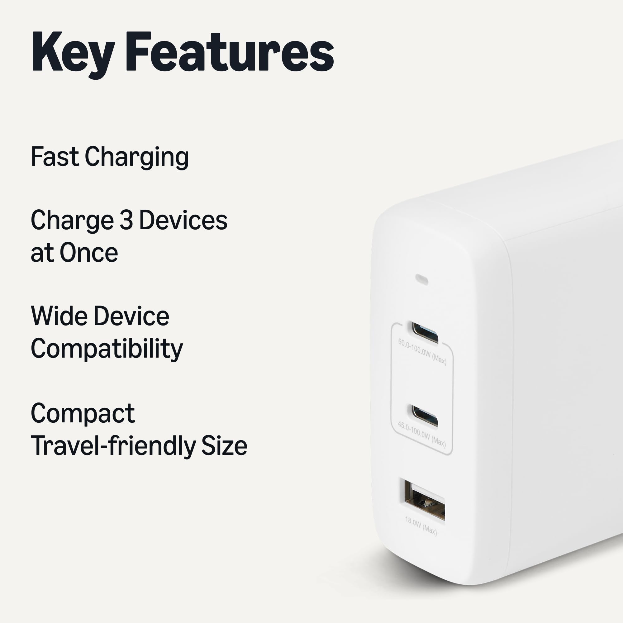 Amazon Basics Fast Charging USB C Nano GaN Wall Charger, 120W 3-Port for Laptops, Tablets, Phones, White — view 2
