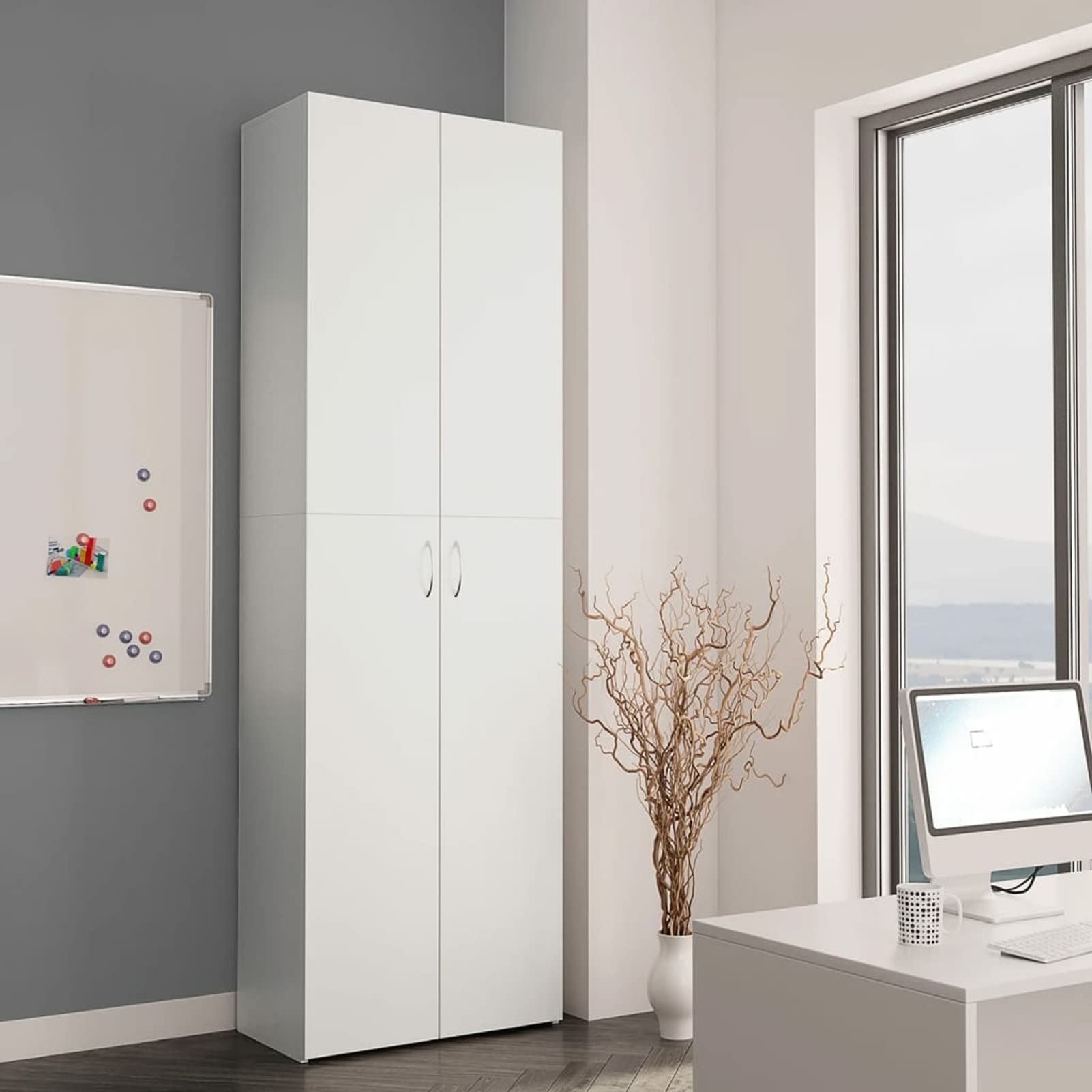 Homgoday Armadio da ufficio, armadio da ufficio, con 2 ante e 5 ripiani, armadio per ufficio, soggiorno e scuola, librerie da ufficio, 60 x 32 x 190 cm, bianco