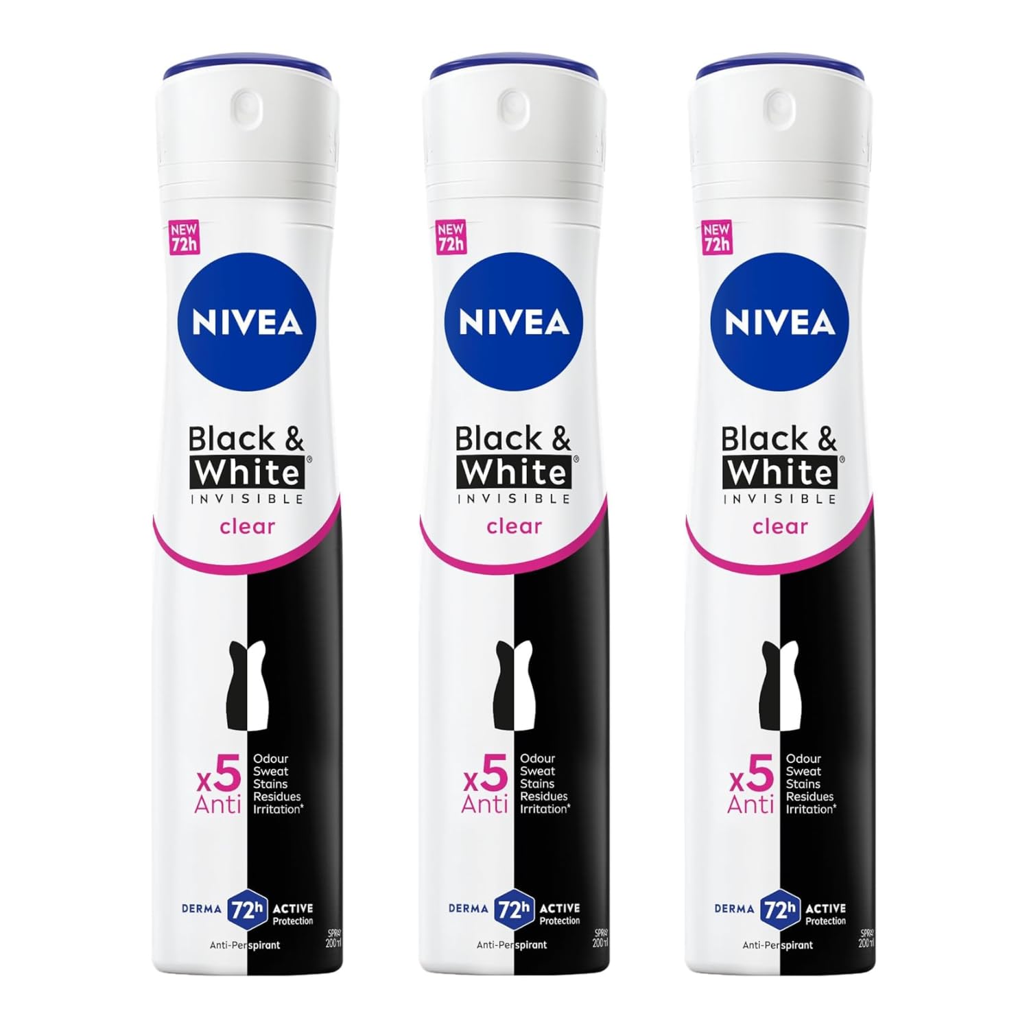NIVEA Black & White Invisible Clear Anti-Perspirant Deodorant Spray 200ml | 72H Sweat & Odor Protection | Anti-Stain Formula for Black & White Clothes | Gentle Skin-Friendly Freshness | 3-Pack