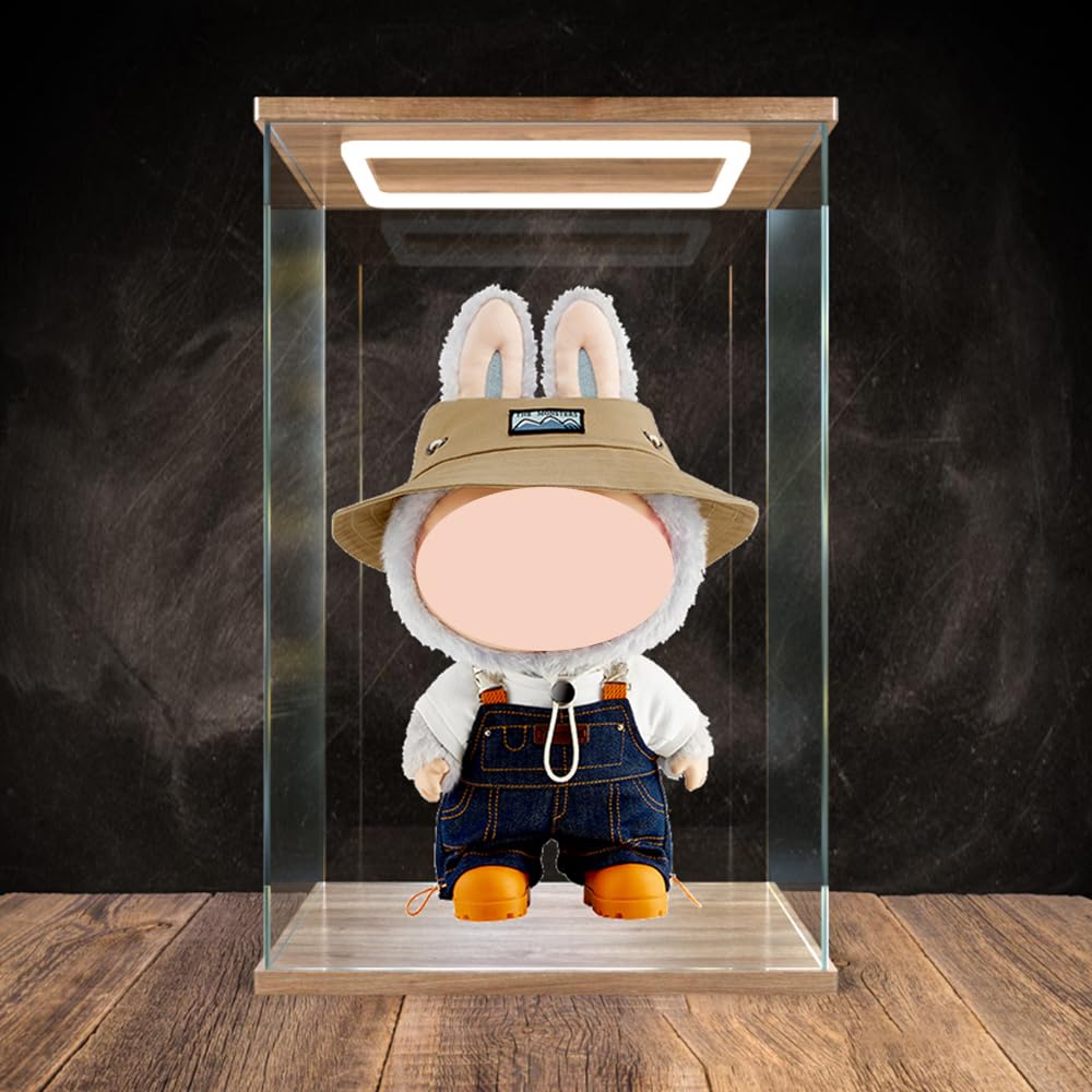 DuvinDD Acrylic Display Case with LED light for Labubu the Monster Zimomo Fall in Wild H40cm Dolls,Clear Acrylic Display Box for Collectibles Dustproof Protection Showcase(25x20x40cm,Woodgrain)