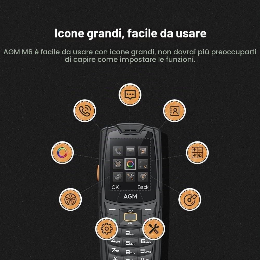 AGM M6 Telefono Robusto 4G Telefono Cellulare per Anziani, Doppia SIM, Altoparlante 109dB, Contatto di Emergenza SOS, 2500mAh, Schermo da 2,4", Telefono Cellulare a Pulsanti Grandi, 48MB RAM 128MB ROM