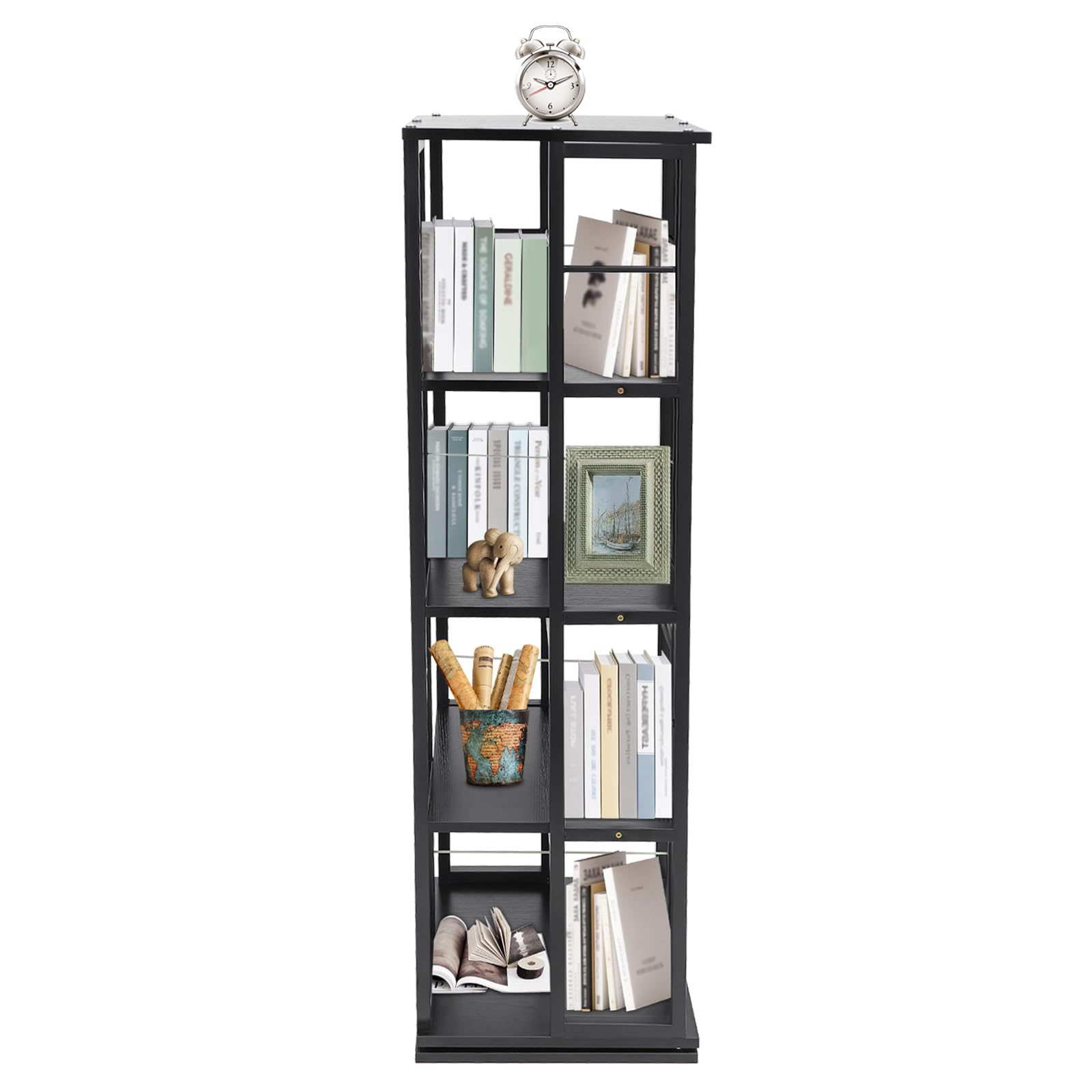 Estantería giratoria de 4 niveles, 360°, redonda, moderna, de pie, adecuada para salón, estudio, oficina, aula, librería, etc. (negro)