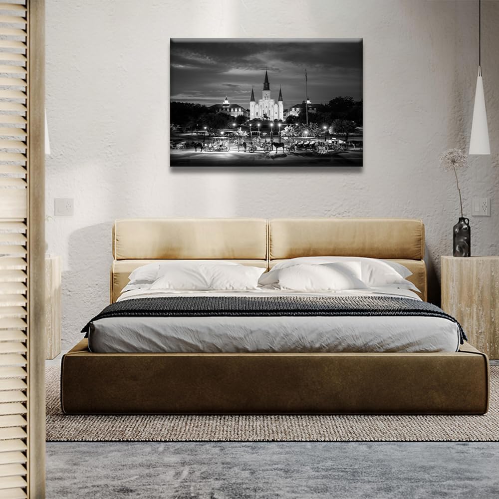 LSIUHWUWI New Orleans Louisiana America Wall Art for Living Room Jackson Square Black and White Wall Art 1 Piece Saint Louis Cathedral Wall Painting Wall Art Artwork Framed Ready to Hang 24X36 INCH